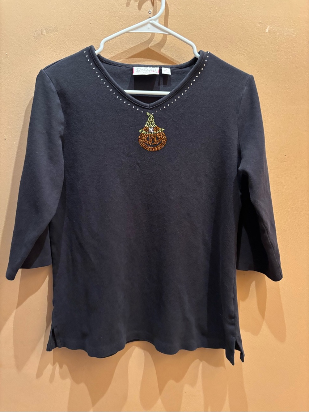 De lights Quacker Factory rhinestone Halloween Pumpkin 3/4 Sleeve top size small